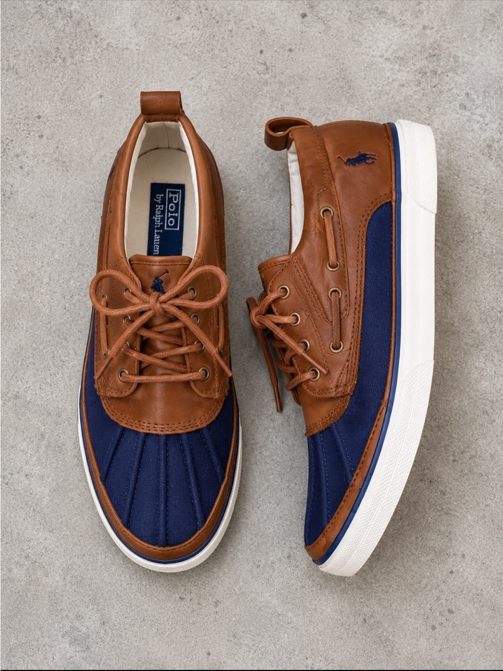 Polo Ralph Lauren Parkstone Mid Duck Sneakers Brown Navy Canvas Leather Men’s 10
